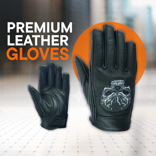 Daniel Smart Men's Motorcycle Leather Gloves with Reflective Skull Short Glove & Touch Screen Fingertips (SHORT GLOVE / Large)