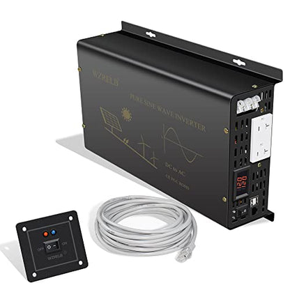 Pure Sine Wave Power Inverter 3000W 12VDC to 120VAC 6000W Peak Dual AC Outlets &2× 2.4A USB Port &Hardwire Terminal with 16ft Remote Conrtol Off (3000W12V)