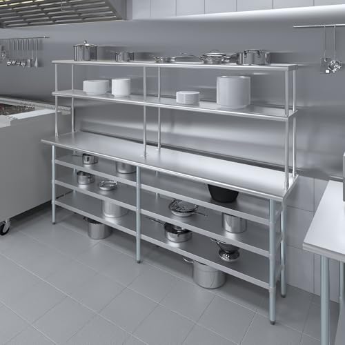 18" x 96" Stainless Steel Work Table with 3 Shelves and 12" Wide Double Tier Overshelf (18" x 96" Table with 3 Shelves + 12" Overshelf)