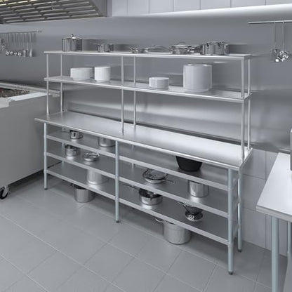 18" x 96" Stainless Steel Work Table with 3 Shelves and 12" Wide Double Tier Overshelf (18" x 96" Table with 3 Shelves + 12" Overshelf)