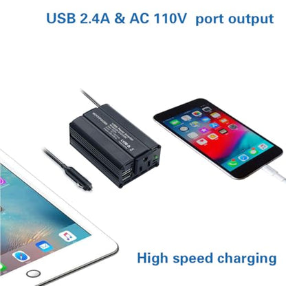 150W Power Inverter 12V DC to 110V AC Car Plug Adapter Outlet Converter with 2.4A Dual USB AC car Charger for Laptop Computer (black)