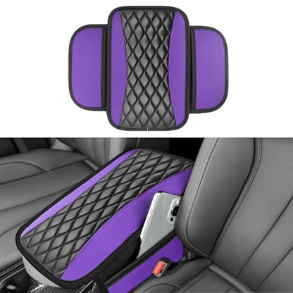 Leather Car Center Console Cover with Side Storage Pockets (Purple)