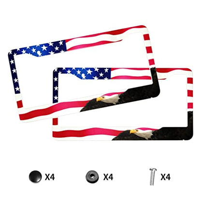 American Flag License Plate Frame American Flag License Plate Holder America Eagle License Plate Frame Covers US Car Tag Frame Stainless Aluminum 2 Pack 2 Holes Decorative 2 Pcs Set for Men (Eagle Flag License Plate Frames / 12.3 x 6.3)