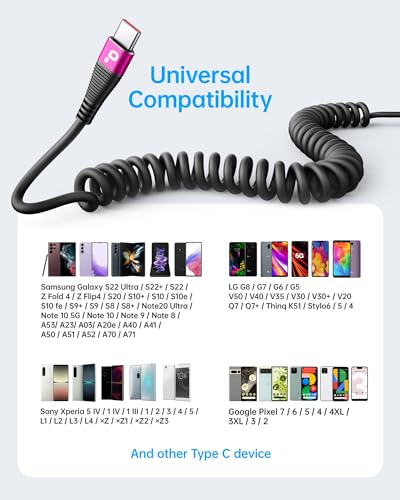 Coiled USB A to USB C Cable for Car (3FT/5FT / USB A to USB C / Rose Red)