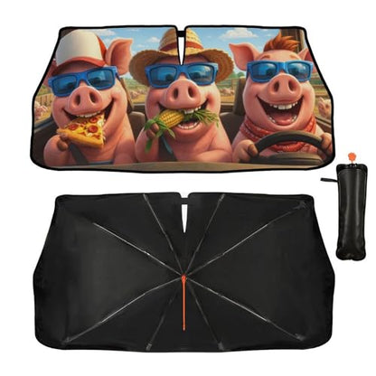 Funny Pig Car Windshield Sun Shade Umbrella Bendable Handle Foldable Animal Sunshade for Car Windshield Block UV Rays Keep Vehicle Cool for Most Sedans SUV Trucks Cars 57"x30" (147*75cm,33*11cm / Funny Pig)