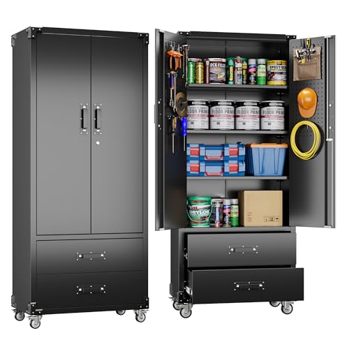 Rolling Storage Cabinet with 2 Doors and 2 Drawers (Black / 15.2"D x 30"W x 71.2"H)