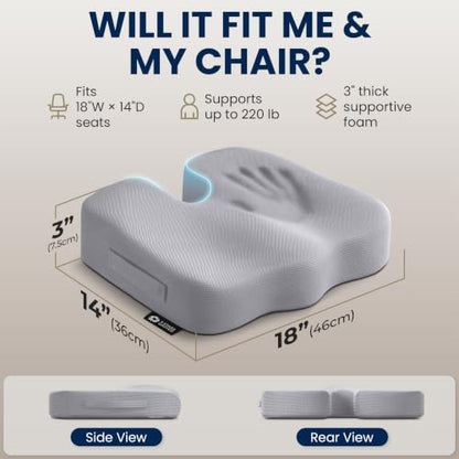 Seat Cushion Memory Foam Chair Cushion for Tailbone Pain Relief (Light Gray / Large)