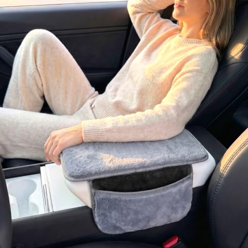Plush Fuzzy Fur Car Armrest Cover with Side Pockets
