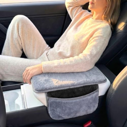 Plush Fuzzy Fur Car Armrest Cover with Side Pockets
