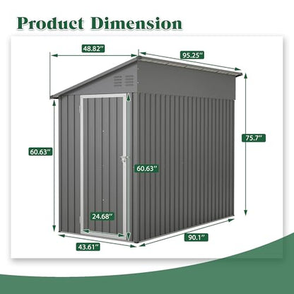 Lean to Storage Shed 4x8 FT Metal Sheds & Outdoor Storage Cabinet Lockable Tool Organization Bike Mower Shed Portable Outside for Garden Patio (4×8ft / Gray)
