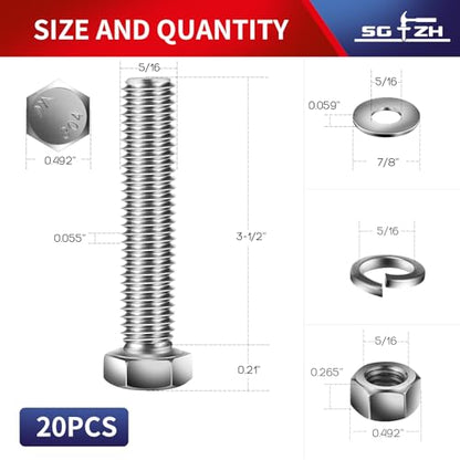 5/16-18 x 3-1/2" Hex Head Screw Bolt, Nuts, Flat & Lock Washers, 20Pcs 18-8 (304) Stainless Steel, Fully Threaded, by SG TZH (5/16-18 x 3-1/2" / Silver)