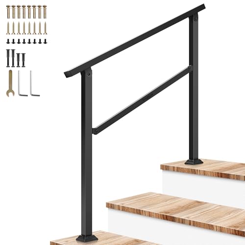 3 Step Stair Handrail 40"x36" Wrought Iron Porch Railing Black (Black / 3 Steps)