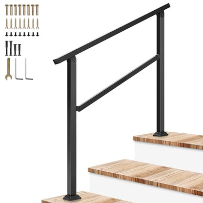 3 Step Stair Handrail 40"x36" Wrought Iron Porch Railing Black (Black / 3 Steps)
