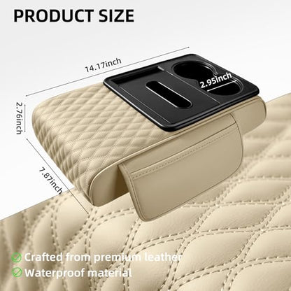 5-in-1 Car Center Console Armrest Cover Pad, Multifunctional Car Arm Rest Organizer with Cup Holder, Tissue Slot & Side Storage Pockets, Soft Leather Auto Armrest Cushion, Beige (Beige)