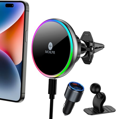for Magsafe Car Mount Charger 15W LED RGB Car Phone Holder for Dash Vent (Brigh Black)