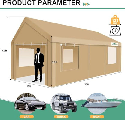 Carport 12x20ft Heavy Duty Portable Garage (Khaki / 12'x20'(+4 Wall))