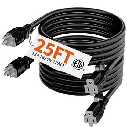 2 Pack Indoor Outdoor Black Extension Cord 25 FT 16 (25 FT-2pcs / 16/3 Extension Cord / Black)
