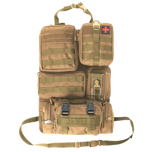 Universal Tactical Seat Back Organizer Vehicle Molle Panel Organizer Storage Bag with 5 Detachable Molle Pouch for All Vehicel Such as Jeep (A model-Khaki)