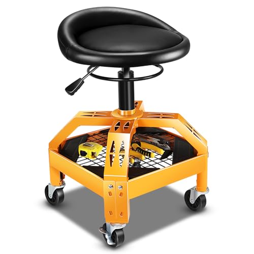 Rolling Padded Seat Adjustable Height Seat 330lbs Capacity Rolling Mechanic Creeper Stool (Grid Tray Yellow)