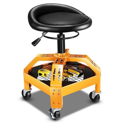 Rolling Padded Seat Adjustable Height Seat 330lbs Capacity Rolling Mechanic Creeper Stool (Grid Tray Yellow)