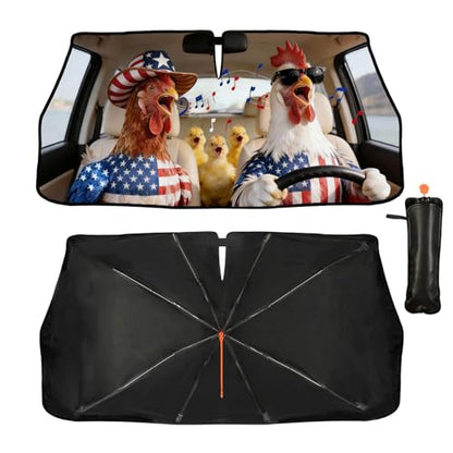 American Flag Chicken Car Windshield Sunshade Umbrella Funny Rooster Singing Sun Shade for Car Windshield Umbrella Upgraded Sunshades Blocks UV & Heat Front Window Shades for SUV Sedan Auto (One Size / Style22)