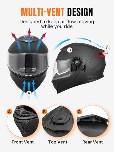 Modular Motorcycle Helmets Full Face Flip up Street Bike Motorcycle Helmet for Unisex Adult Matte Black (Matte Black / Large)