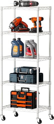 5 Small Wire Shelves Kitchen Pantry Close Home Organizers and Storage Bathroom Shelf Laundry Room Organization Adjustable Book Metal Garage Shelving Unit (White / 5-Tier 11.8"D X 17.3"W X 57.2"H)