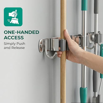 Mop and Broom Holder Wall Mount for Kitchen Garden Laundry Garage (Silver / 3 Racks with 4 Hooks)