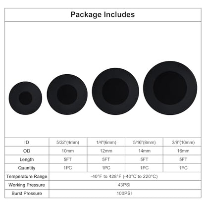 5/32 1/4 5/16 3/8 Silicone Vacuum Hose Line Kit 5FT, Black (5FT / Black)