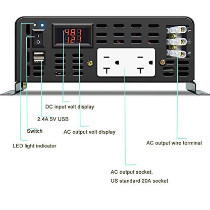 3000W Pure Sine Wave Power Inverter 48VDC to 120VAC 6000W Peak Dual AC Outlets 2× 2.4A USB Port &Hardwire Terminal Off (3000W48V)