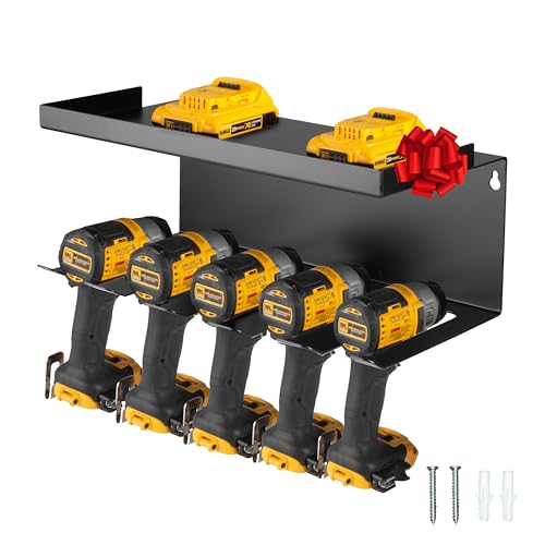 Metal Power Drill Organizer for Garage (5 Drill Slots / Rack & Shelf)