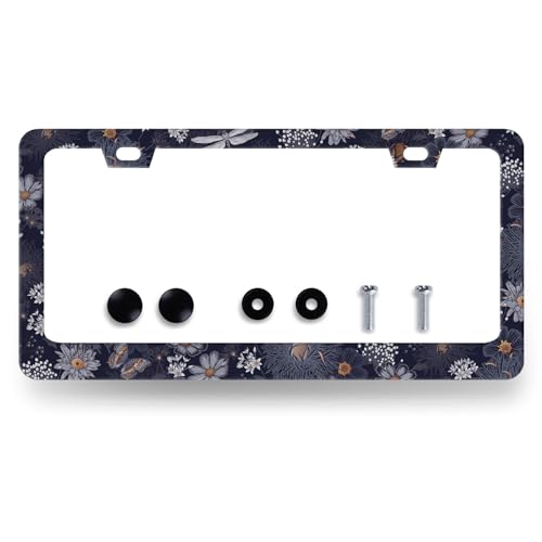 Blue Folk Art Flowers Stainless Steel License Plate Frame 12.2 x 6.2 Inch (Blue Arts Flower Floral)