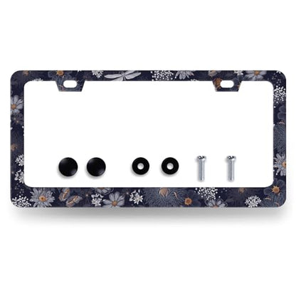 Blue Folk Art Flowers Stainless Steel License Plate Frame 12.2 x 6.2 Inch (Blue Arts Flower Floral)