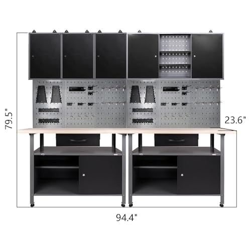 Garage Tool Storage Cabinet Workbench Desk with Wood Top Wall Pegboards