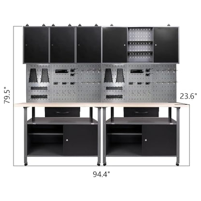 Garage Tool Storage Cabinet Workbench Desk with Wood Top Wall Pegboards