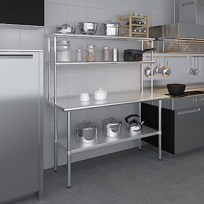 Stainless Steel Work Table Double Tier Overshelf (24" x 60" Work Table + 12" Overshelf)