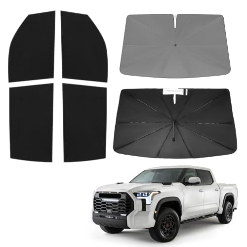 Windshield Sun Shade Umbrella for Toyota Tundra 2022 2023 2024 2025 2026 Rear Window Shades 100% UV Protection and Blackout Privacy 5PCS Car Window Covers Accessories (5-Piece Set | Fits Toyota Tundra 2022-2026)