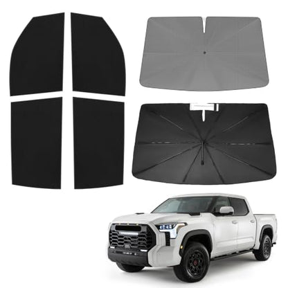 Windshield Sun Shade Umbrella for Toyota Tundra 2022 2023 2024 2025 2026 Rear Window Shades 100% UV Protection and Blackout Privacy 5PCS Car Window Covers Accessories (5-Piece Set | Fits Toyota Tundra 2022-2026)