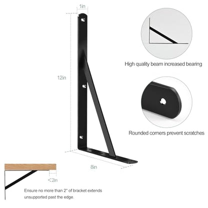 6 Pack L12 x H 8" Black Heavy Duty Shelf Brackets with Screws Metal Shelf Brackets Shelf Support Angle Brackets for Shelves L Brackets Heavy Duty Floating Shelf (6 Pack-Black / 12''x8'')