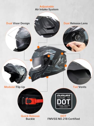Modular Motorcycle Helmets Full Face Flip up Street Bike Motorcycle Helmet for Unisex Adult Matte Gray (Gray / Medium)