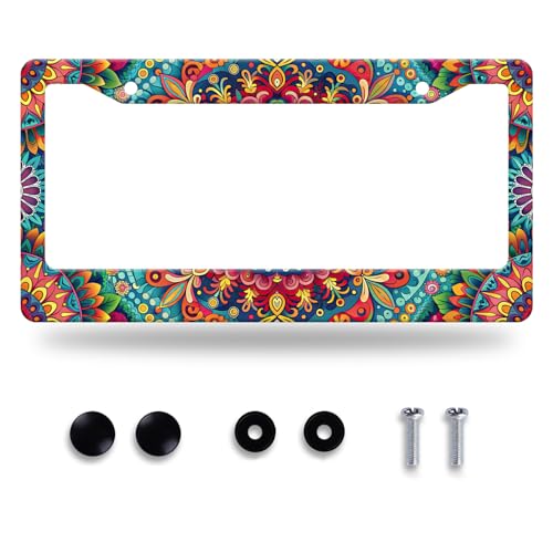 Mandala License Plate Frame Stainless Steel Car Accessory 6.3 x12.3 inch (Boho Hippie Mandala Flowers)