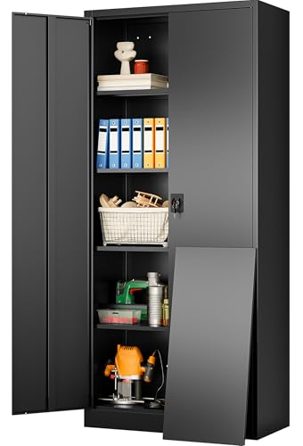 Wide & Deep Metal Storage Cabinet with Lock & 5 Shelves (72"H x 36"W x 18"D / Black)