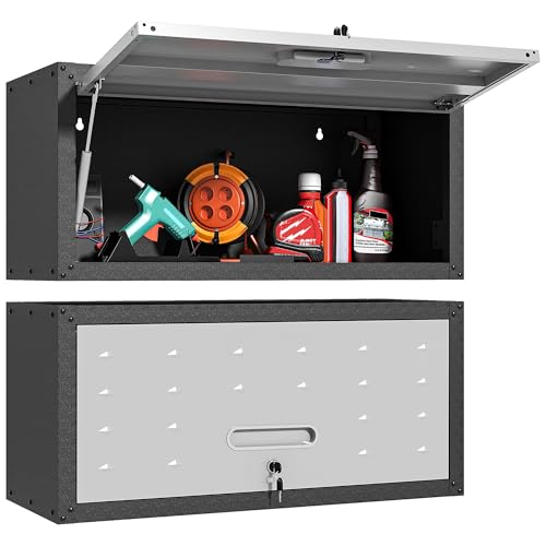 Wall Mounted Metal Storage Cabinet (Black & Gray / H13.58" - Flip-up Door)