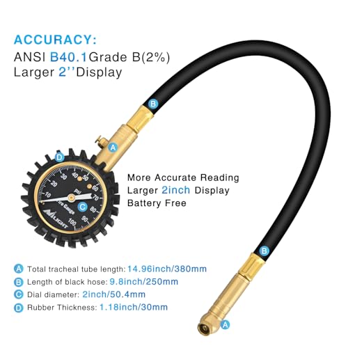 100PSI Tire Pressure Gauge Glow Dial 14" Extended Hose (Night Glow Tire Gauge)