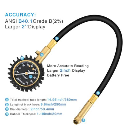 100PSI Tire Pressure Gauge Glow Dial 14" Extended Hose (Night Glow Tire Gauge)
