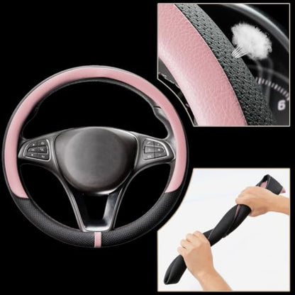 Breathable Car Steering Wheel Cover 16 inch Auto Universal Leather Wrap Non (A-Pink / L (15.5"-16"))