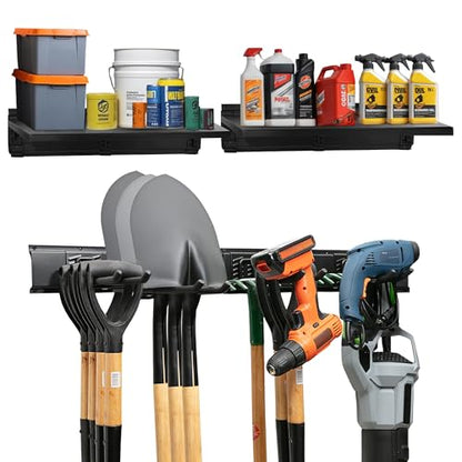 Garage Tool Organizer Wall Mount 64" (Black / 64" Carbon Steel with 2 Racks & 4 Hooks)