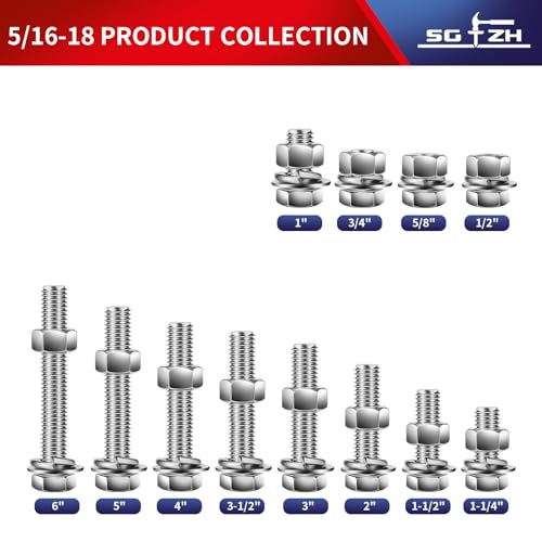 5/16-18 x 1/2" Hex Head Screw Bolt, Nuts, Flat & Lock Washers, 10Pcs 18-8 (304) Stainless Steel, Fully Threaded, by SG TZH (5/16-18 x 1/2" / Silver)
