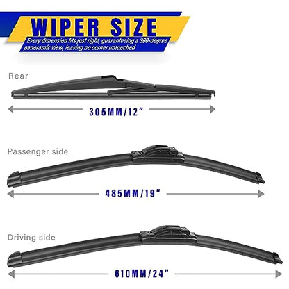 3 Wipers Fits Dodge Journey 2009 (24"/19"/12")
