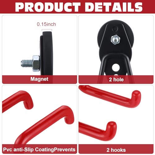 6 Pcs Large Magnetic Hooks Heavy Duty Garage Magnet Hooks Strong Storage Utility Magnetic Hangers with Anti Slip Rubber Coating for Indoor and Outdoor Hanging (Red)